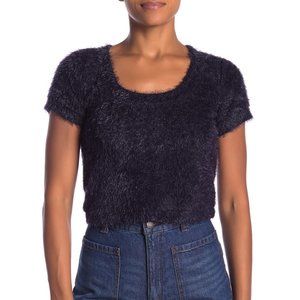 HIATUS Scoop Neck Eyelash Knit Crop Top - Navy NWT